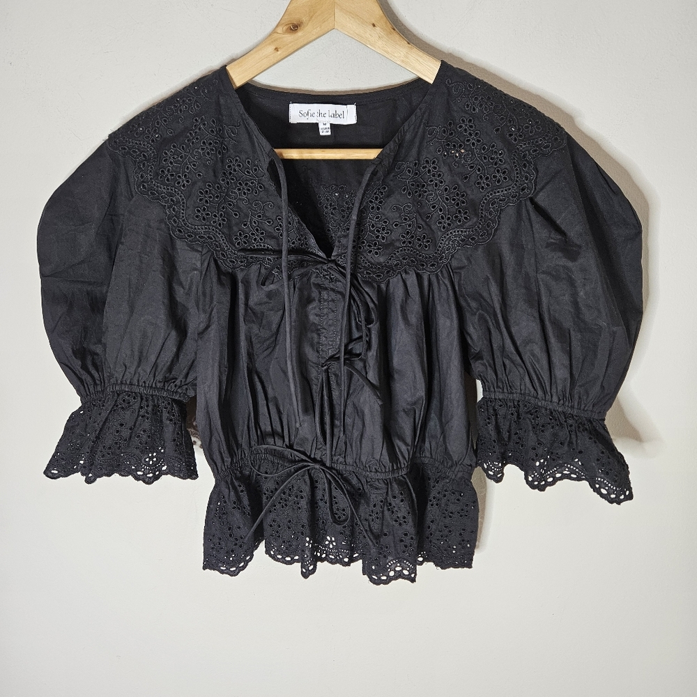 Sofie The Label Emi Eyelet Top Blouse Black Puff Sleeves M Medium - Picture 2 of 7
